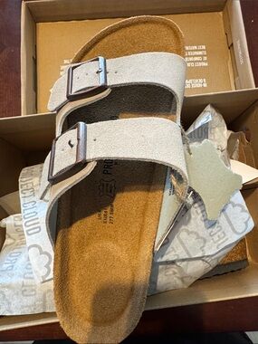 Project cloud Suede Double Buckle Slide Sandal in Light Taupe